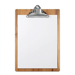 Wooden clipboard with metal clip holding blank white paper, isolated on a white background