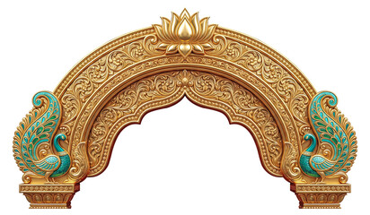 Royal Golden Indian Peacock Arch Frame PNG, Ornamental Temple Mandap Border with Lotus Design