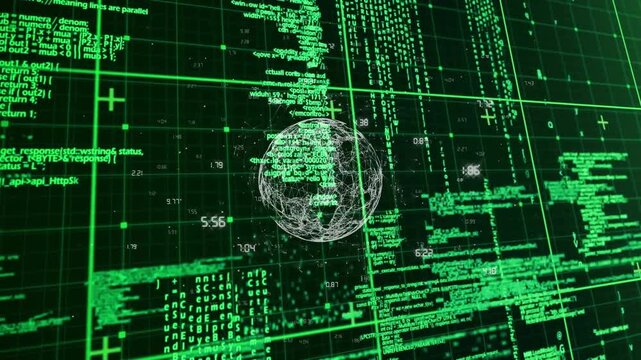 Camera orbiting as central mesh sphere rotating grid lines sliding code scrolling showing data flow