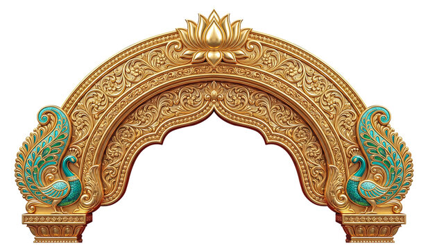 Royal Golden Indian Peacock Arch Frame PNG, Ornamental Temple Mandap Border with Lotus Design