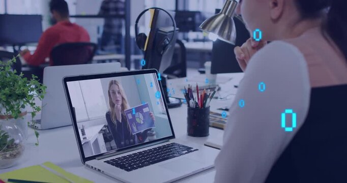 Woman viewer leaning viewing host flipping booklet in office, blue HUD explaining pages on laptop