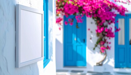 地中海の光に照らされた漆喰壁と空白のモダンなホワイトボードモックアップ