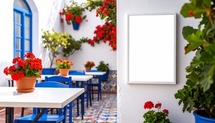 アンダルシアの伝統的な中庭をイメージした空白のポスターフレームと花の装飾