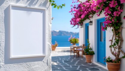 サントリーニ島の白い漆喰壁に設置されたミニマルな空白ポスターフレームと海景