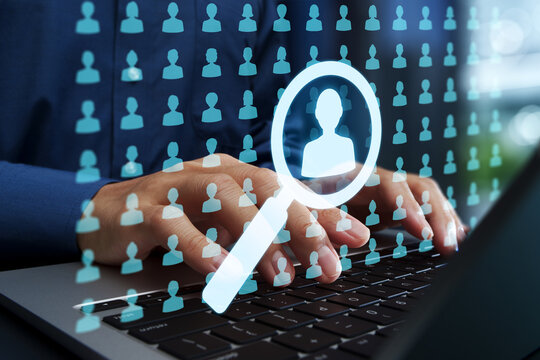 Focusing on target customers. Marketing persona strategy for target audience. Demographic analysis and audience profile. Marketer analyzing consumer needs on laptop computer.