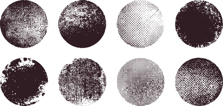 Eight dark brown textured circles on white background