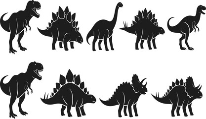 Black silhouette dinosaur vector illustrations, diverse prehistoric species including Tyrannosaurus, Stegosaurus, Triceratops, and Brachiosaurus for educational art and design use © Moshraful