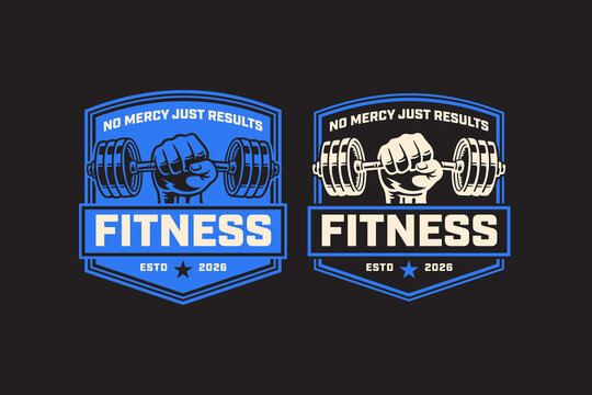 Fist gripping barbell retro badge logo design for gym and fitness. Powerlifting barbell vintage patch sticker pack for sport club. Gym workout fist rustic emblem element bundle for exercise training