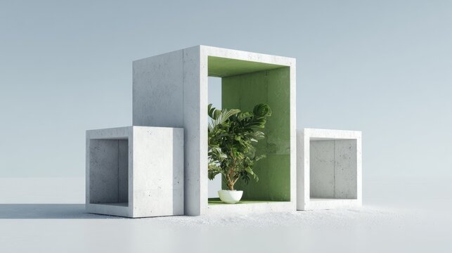 Minimalist concrete structures with a green plant inside, set against a light background, showcasing modern design and natural elements.