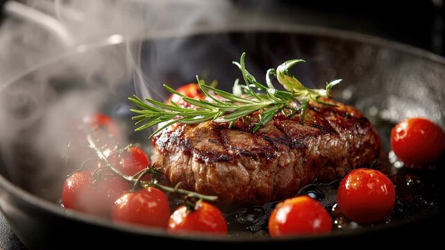 Searing steak with rosemary and cherry tomatoes in a skillet at a kitchen counter