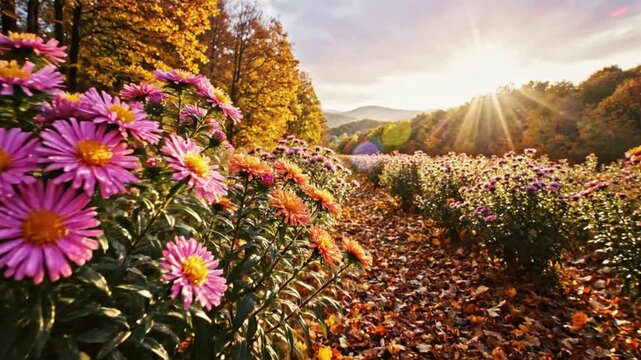 Scenic autumn field of colorful flowers with fallen leaves and the sun shining brightly through the trees