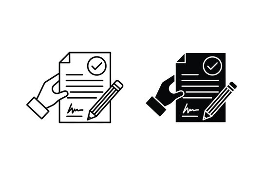 Vector icons of a hand signing a document with a checkmark and pencil, representing agreement.