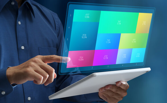 RFM analysis and diagram. Customer segmentation and scoring. Businessman analyzing purchase behavior data on tablet computer.