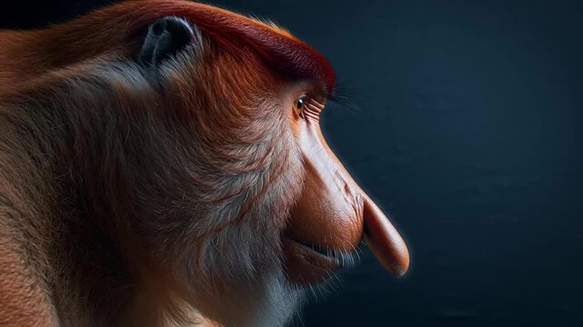 Proboscis Monkey Closeup Portrait Profile View.