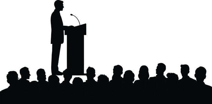 Public speaker silhouette at podium addressing audience crowd, business presentation or political speech concept, conference seminar leader vector illustration isolated on white background