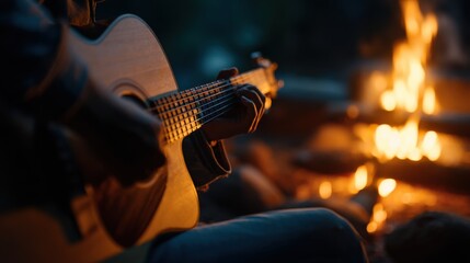 Fototapeta premium Playing Acoustic Guitar by Campfire at Night