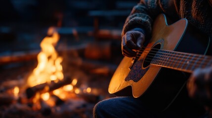 Acoustic Guitar Playing Near Campfire Outdoors