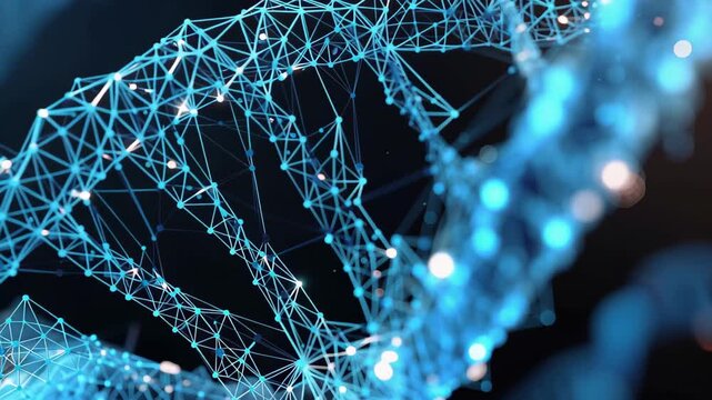 Molecule of dna depicted as a low poly structure in blue color with a visual of the double helix in a dark background