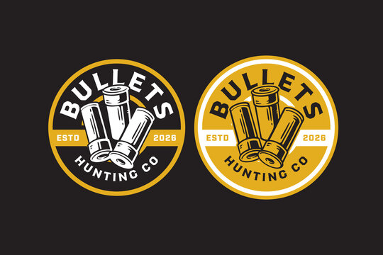 Shotgun shell bullets retro badge logo design for hunting sport club. Ammunition hunter vintage patch sticker pack for adventure. Shotgun shell crest rustic emblem element bundle for outdoor shooting