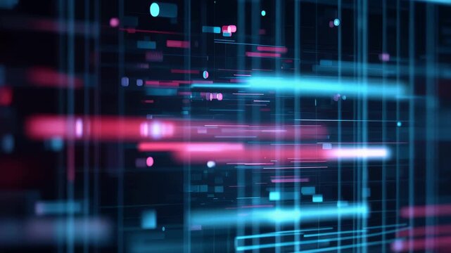 Abstract digital background showing data flow and program code in shades of blue and red during nighttime