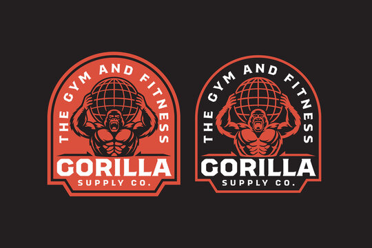 Gorilla lifting earth globe retro badge logo design for gym sport. Strong ape strength vintage patch sticker pack for fitness club. Powerful king kong with globe emblem element for strength training