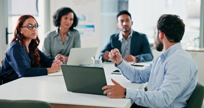 Man, team and laptop at office meeting with planning, review and discussion at financial company. Person, talk and computer with group, feedback and collaboration with insight at investment agency