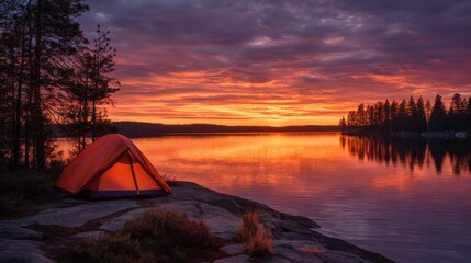 Sunset Camping by Serene Lake Landscape