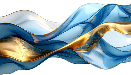 Flowing ribbons of light and dark blue with golden accents, swirling on black background
