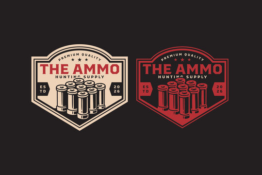 Shotgun shell ammo retro badge logo design for hunter club. Shooting ammunition supply vintage patch sticker pack for hunting sport. Hunting cartridge rustic emblem element bundle for adventure