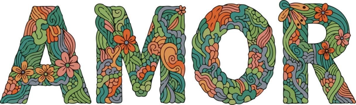 Colorful Love Typography - Detailed Floral AMOR Vector