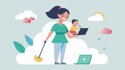 Fototapeta premium Woman balancing childcare and housework while working from home holding baby and cleaning floor emotional labor concept flat vector illustration