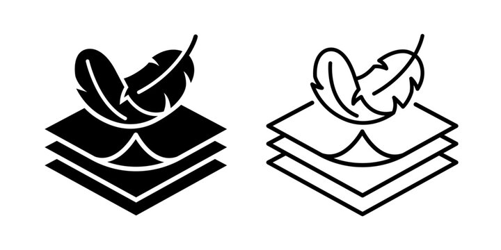 Fabric with feather filler icon set. Layer 1, 2, 3, 4, 5, 6, 7, 8, 9, 10. High comfort structure, less weight, sensitive skin, comfort fabric softener icons, label, logo, line, vector, illustration.