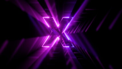 Futuristic 3D tunnel corridor with glowing purple neon geometric lines converging on the illuminated alphabet letter X © Tilak