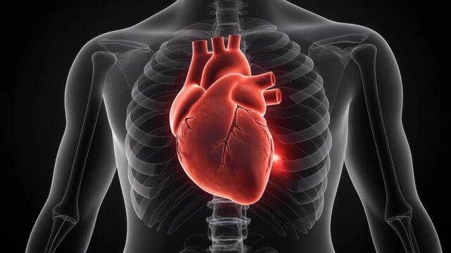 3D medical animation of a beating human heart glowing inside a translucent x-ray ribcage