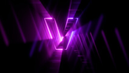 Futuristic 3D tunnel corridor with glowing purple neon geometric lines converging on the illuminated alphabet letter V