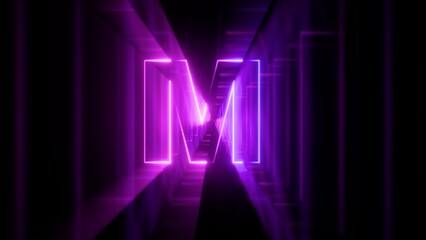Futuristic 3D tunnel corridor with glowing purple neon geometric lines converging on the illuminated alphabet letter m