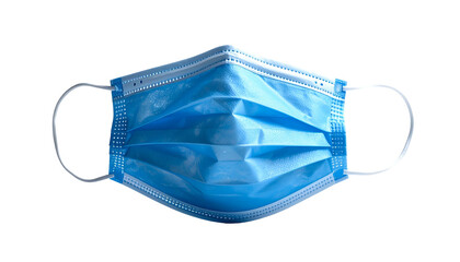 Close-up of a blue surgical mask, pleated, with ear loops, isolated on black