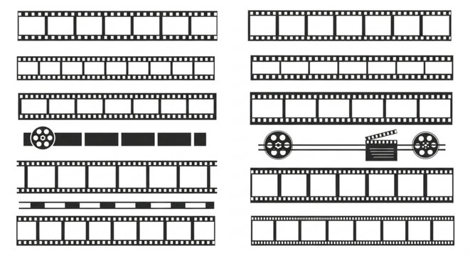 Film strips and film reels in various configurations black and white illustration cinematic elements creative media production