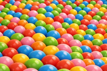 Obraz premium Colorful plastic balls in red blue yellow green orange and pink colors for kids play background or fun design