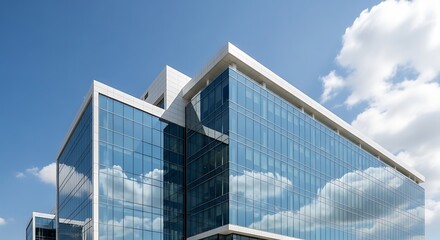 Modern glass office building with white trim and blue sky reflection