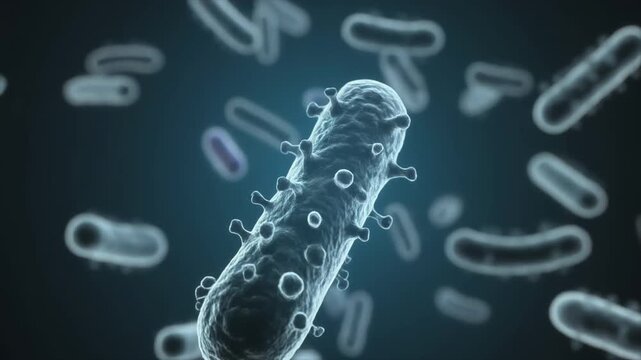 Microscopic view of various bacteria shapes floating in a blue environment