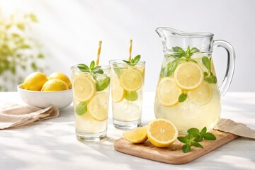 Fototapeta premium Refreshing homemade lemonade with lemon slices mint and ice in glass and pitcher on sunny table for summer drink