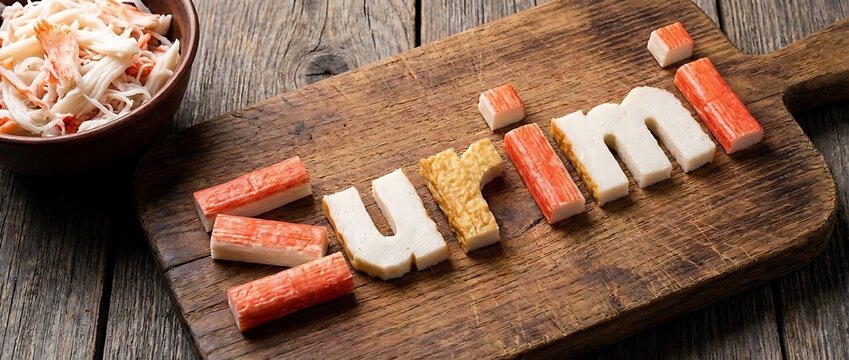 Imitation crab sticks spelling surimi on dark wood background