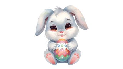 Cute Easter bunny holding decorated egg in soft watercolor style isolated on white background for greeting card design