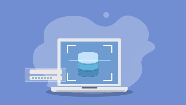 Flat animation of a laptop scanning database with checkmark confirmation, representing cybersecurity, data verification, secure storage, cloud protection, and digital technology safety.
