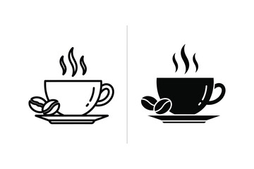 Obraz premium Hot Coffee Cup Icons: Outline and Solid Fill with Coffee Beans
