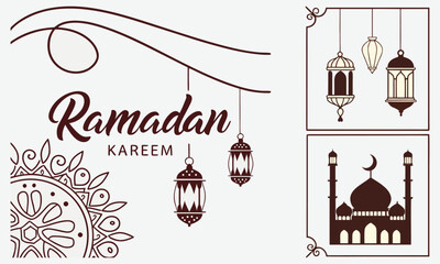 Elegant Ramadan Kareem Greeting Card Design with Mosque, Lanterns and Islamic Patterns