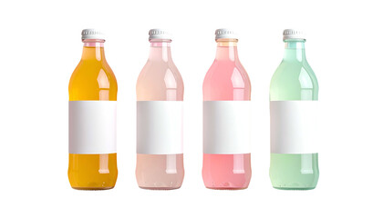 Four glass bottles, each filled with a different pastel-colored liquid and white label