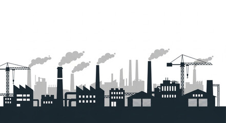 Obraz premium Industrial cityscape silhouette depicting factories, chimneys, and construction cranes against a white backdrop.