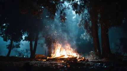 Nighttime campfire glowing in forest woods